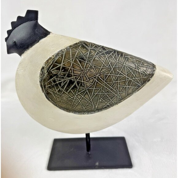 Pier One Chicken Rooster Statue Cast Iron Wood Black & White 10” Tall - Picture 1 of 4